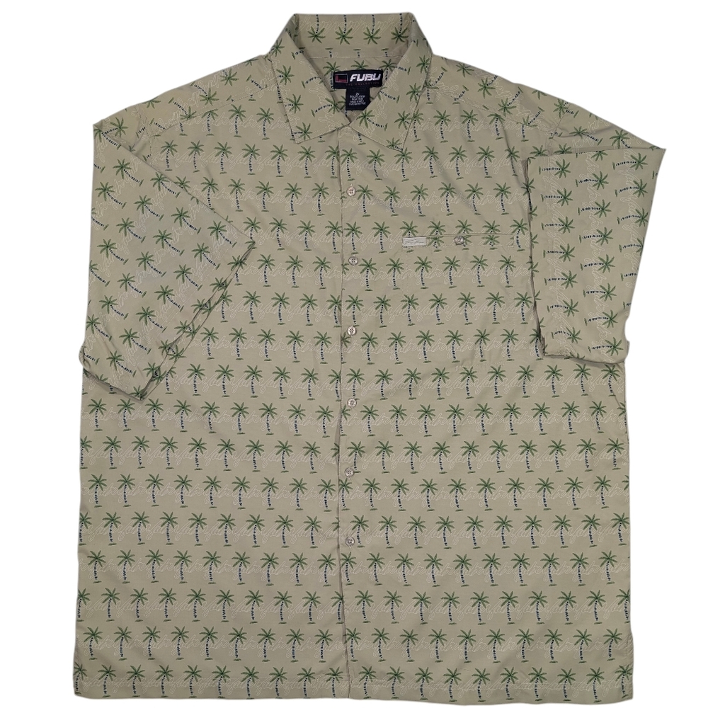 FUBU green on green palm trees, cursive logo button up short sleeve shirt.